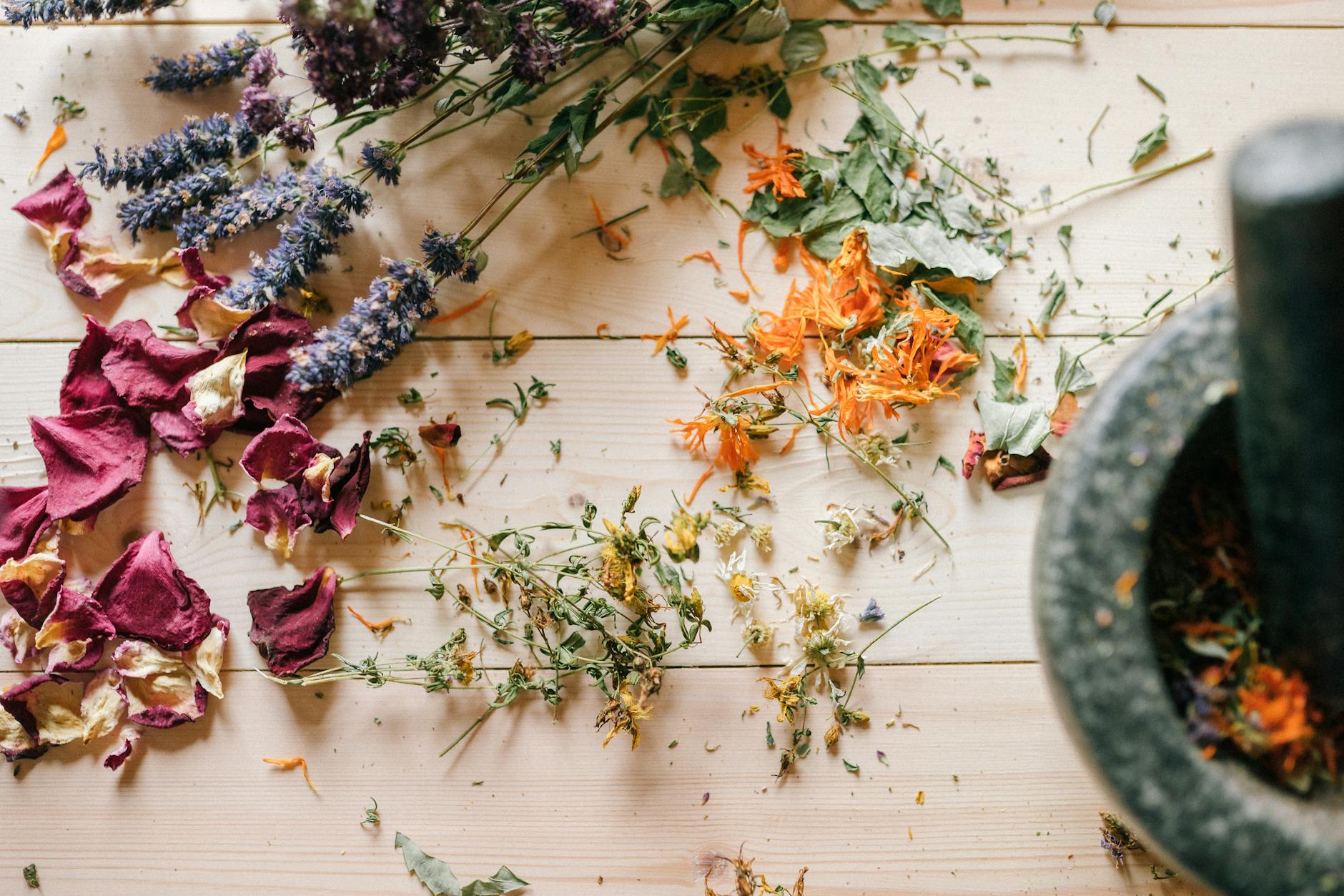 close up of dry herbs and mortar and pestle
